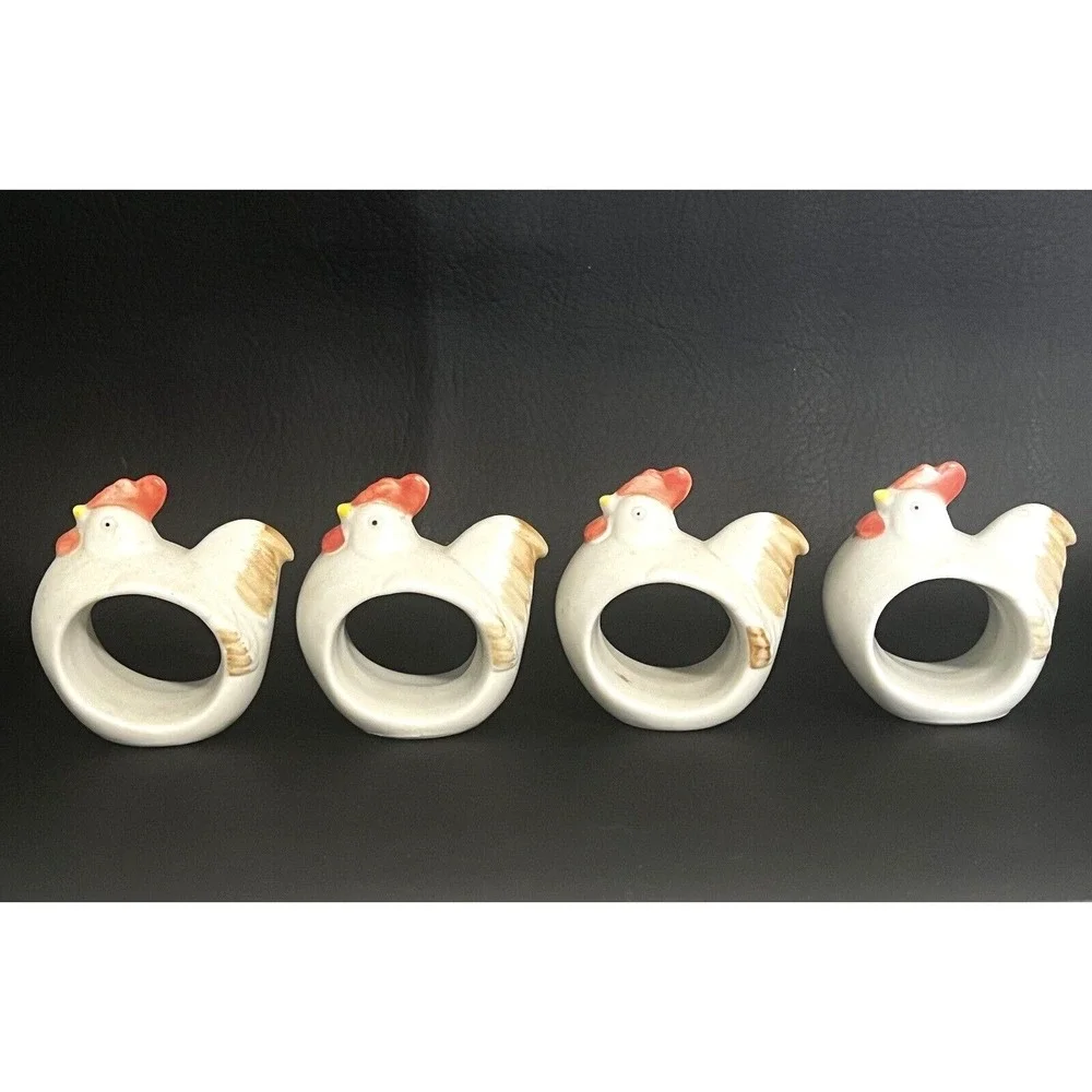 Vintage Chicken Hen Napkin Rings ~ Set of 4 ~ Stoneware ~ Handpainted‎